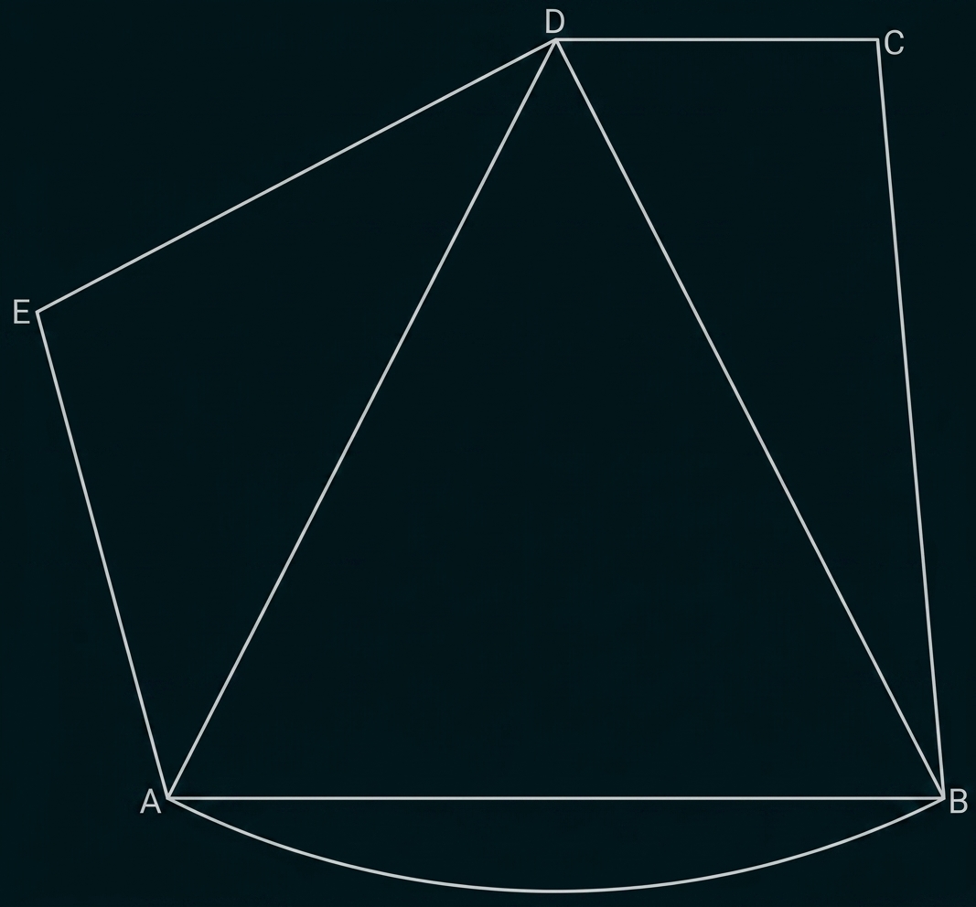Geometrische Zeichnung mit Punkten A, B, C, D, E, Dreieck A-D-B und Bogen zwischen A und B